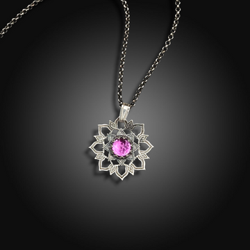 TWILIGHT ROSE: Hand-Etched Sterling Silver Necklace with Pink Sapphire