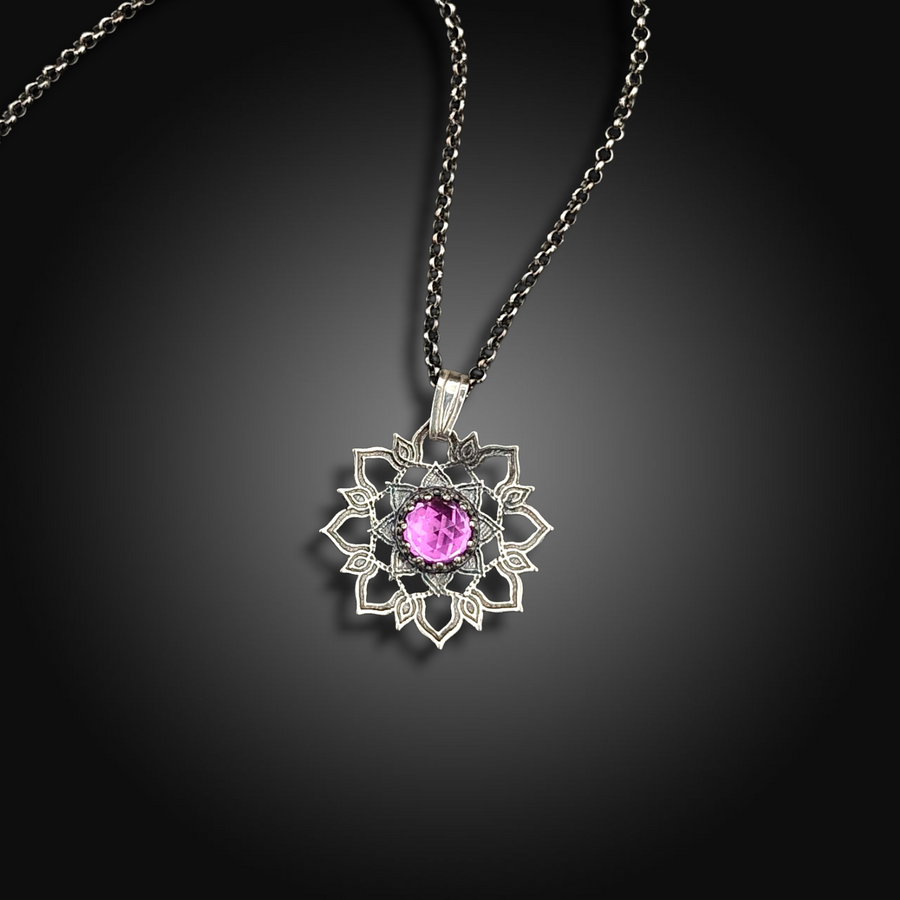 TWILIGHT ROSE: Hand-Etched Sterling Silver Necklace with Pink Sapphire