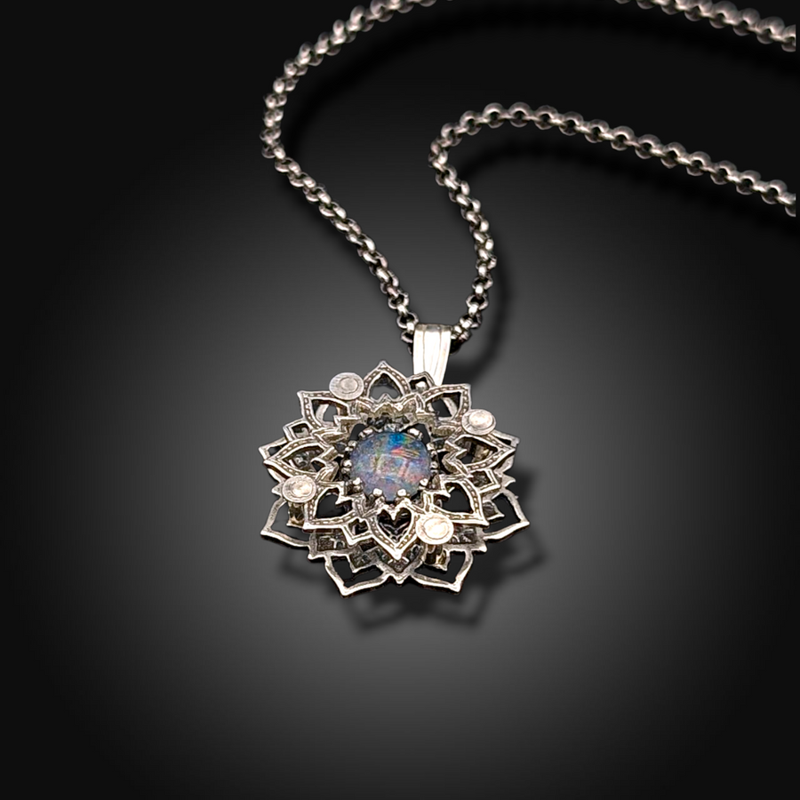 SACRED SPIRAL: Hand-Etched Sterling Silver Necklace with Australian Opal