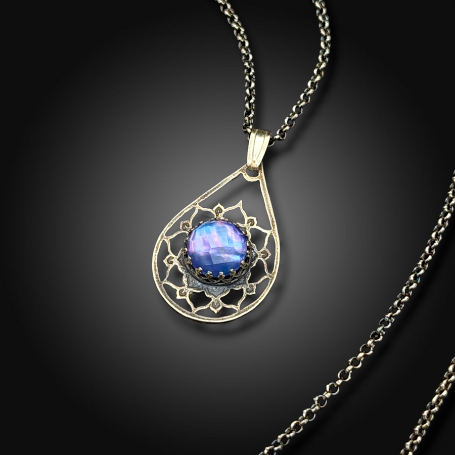 MOONPETAL: Hand-Etched Sterling Silver Necklace with Mother of Pearl