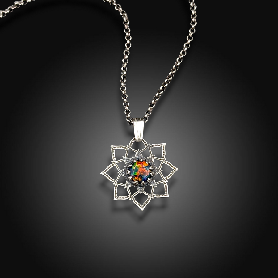 EMBER BLOOM: Hand-Etched Sterling Silver Necklace with Mexican Fire Opal