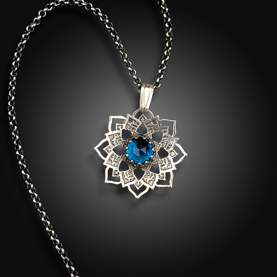 POINT OF ORIGIN: Hand-Etched Sterling Silver Necklace with Teal Tourmaline