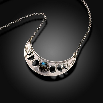 DARK MOON RISING: Hand-Etched Sterling Silver Crescent Necklace with Labradorite