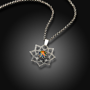 EMBER BLOOM: Hand-Etched Sterling Silver Necklace with Mexican Fire Opal
