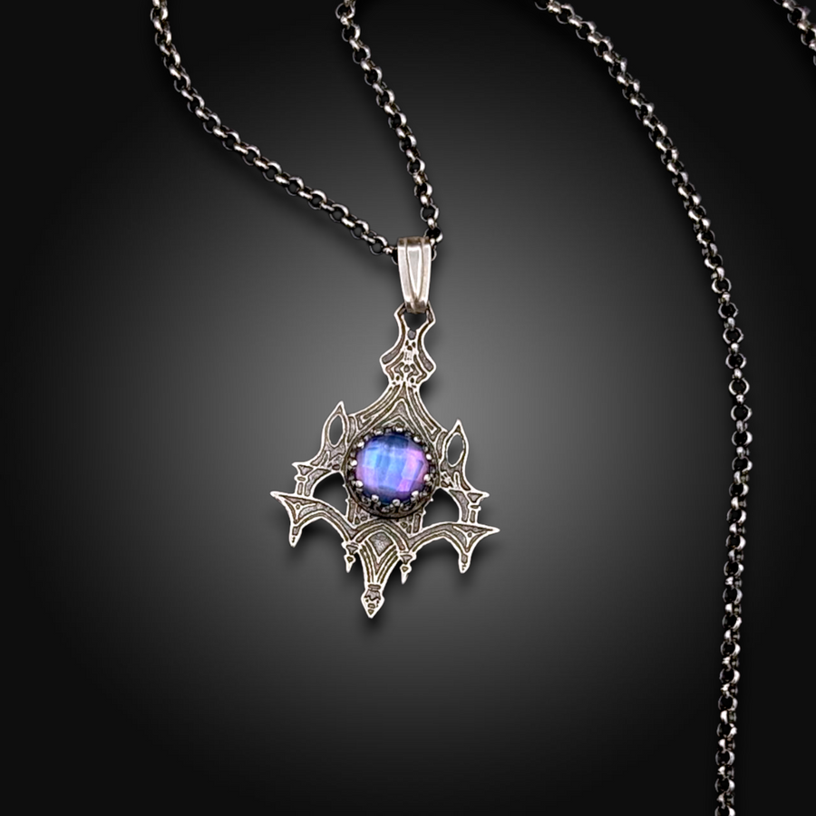 NIGHTSPIRE: Hand-Etched Sterling Silver Necklace with Mother of Pearl