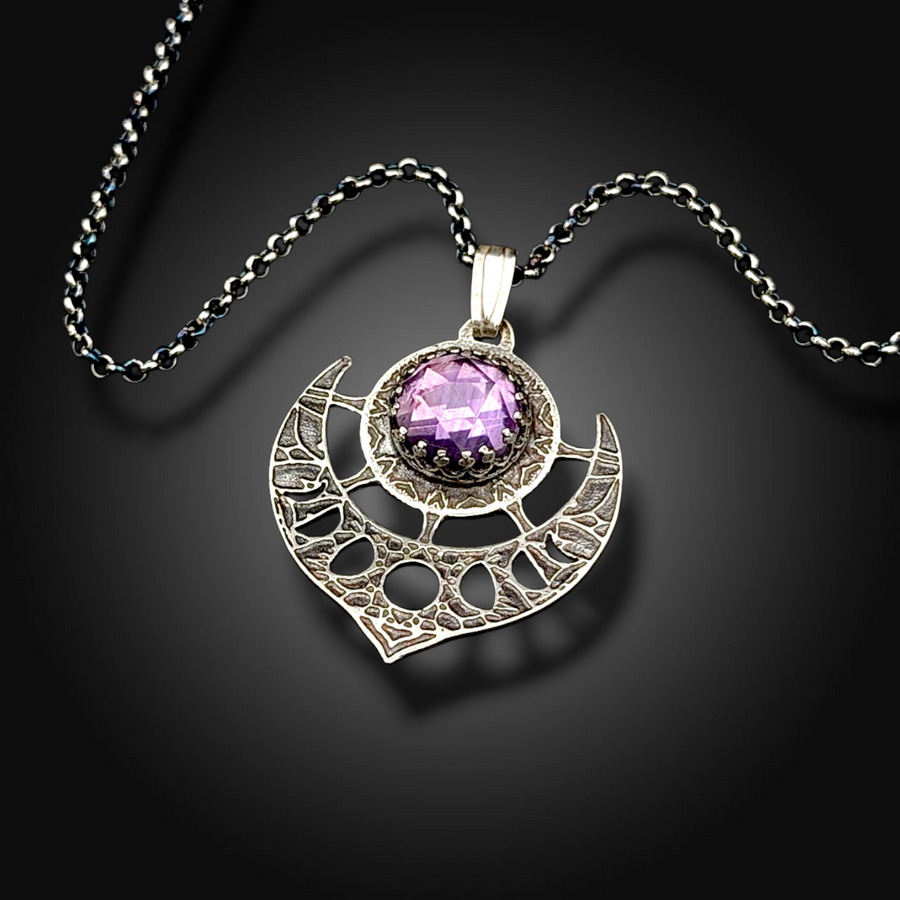 CRESCENT VEIL: Hand-Etched Sterling Silver Necklace with Amethyst