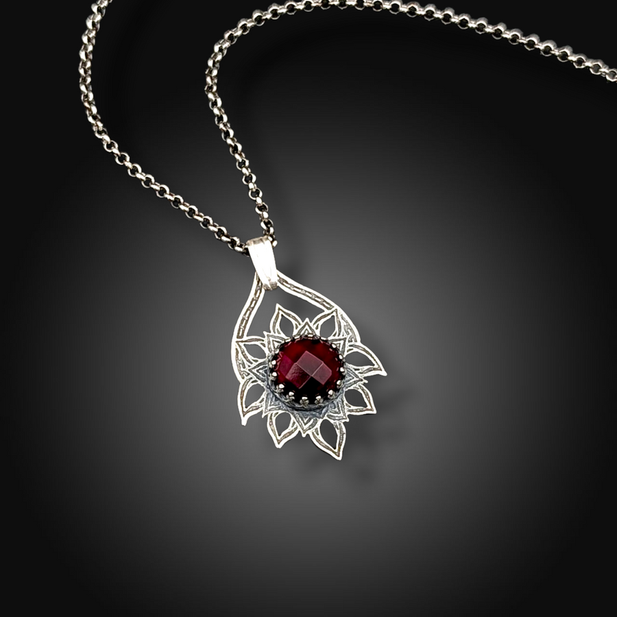 CRIMSON FLAME: Hand-Etched Sterling Silver Necklace with Garnet