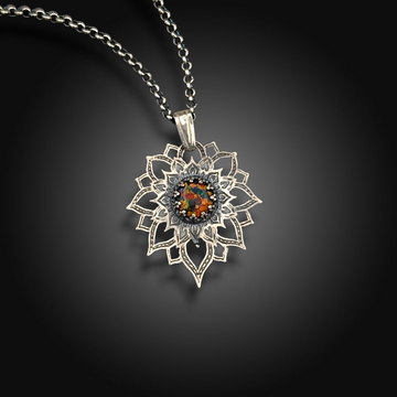 SOLAR FLARE: Hand-Etched Sterling Silver Necklace with Mexican Fire Opal