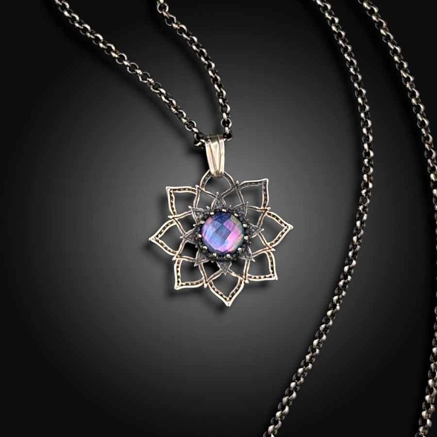 SALTFLOWER: Hand-Etched Sterling Silver Necklace with Mother of Pearl