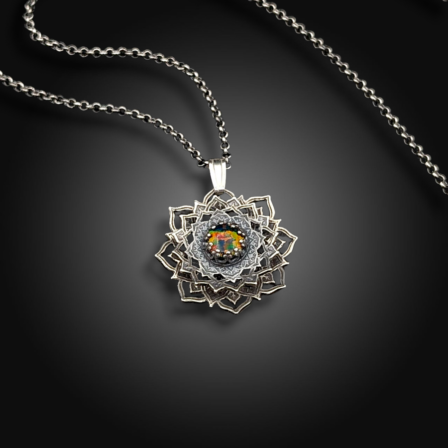 FIRE WITHIN: Hand-Etched Spinning Necklace with Mexican Fire Opal