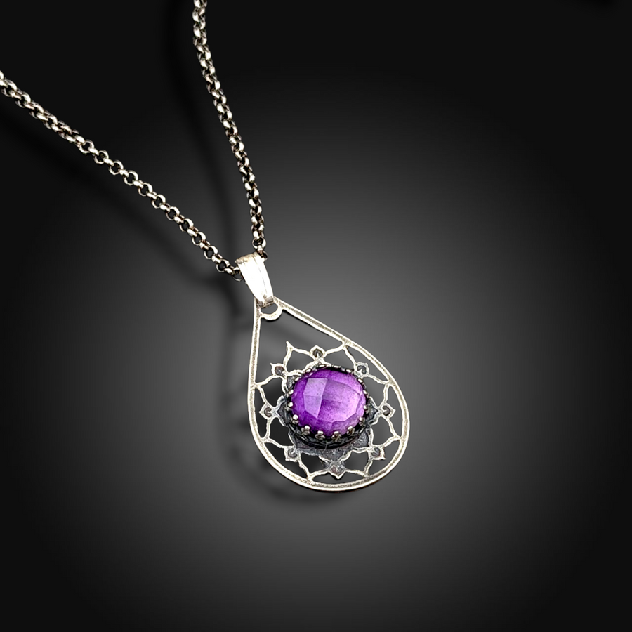 VIOLET EMBER: Hand-Etched Sterling Silver Necklace with African Amethyst