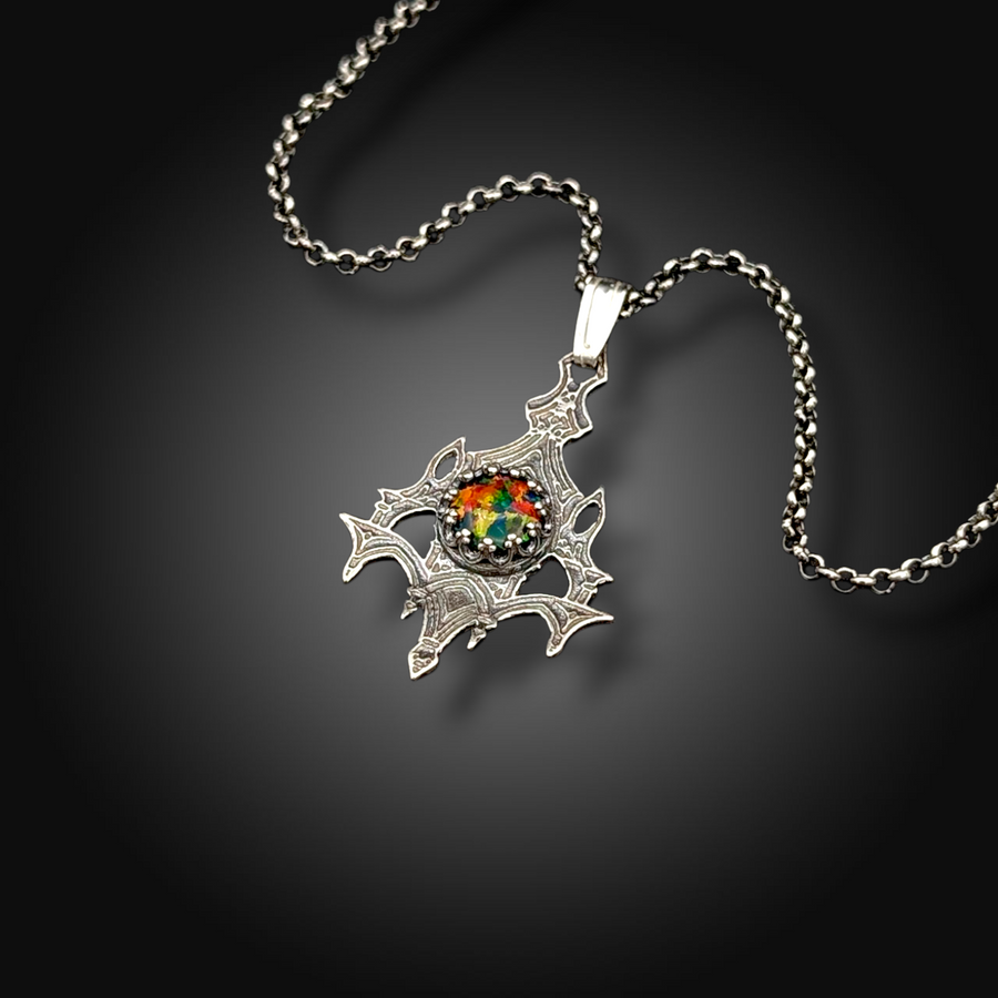 TORCHBORNE: Hand-Etched Sterling Silver Necklace with Mexican Fire Opal