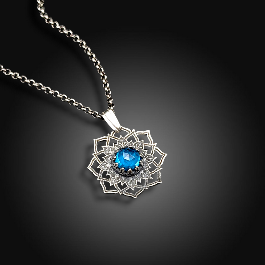 GLACIER BLOOM: Hand-Etched Sterling Silver Necklace with Teal Tourmaline