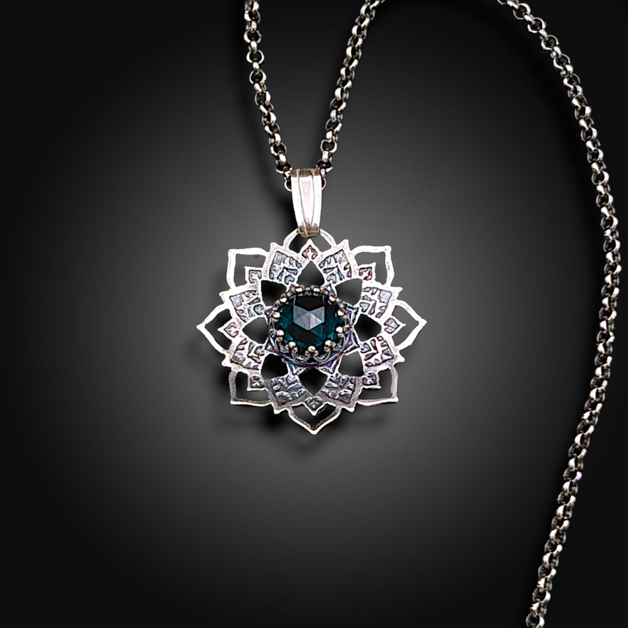 VERDANT DEPTH: Hand-Etched Sterling Silver Necklace with Emerald