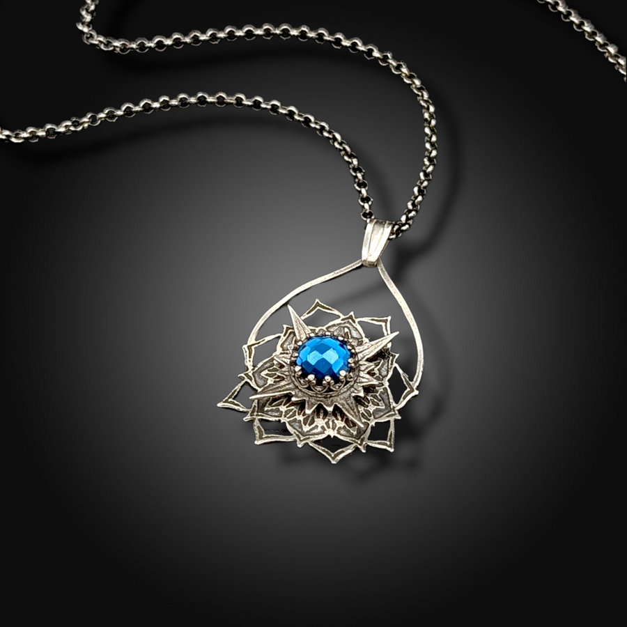 WAYFINDER: Hand-Etched Sterling Silver Necklace with Swiss Blue Topaz