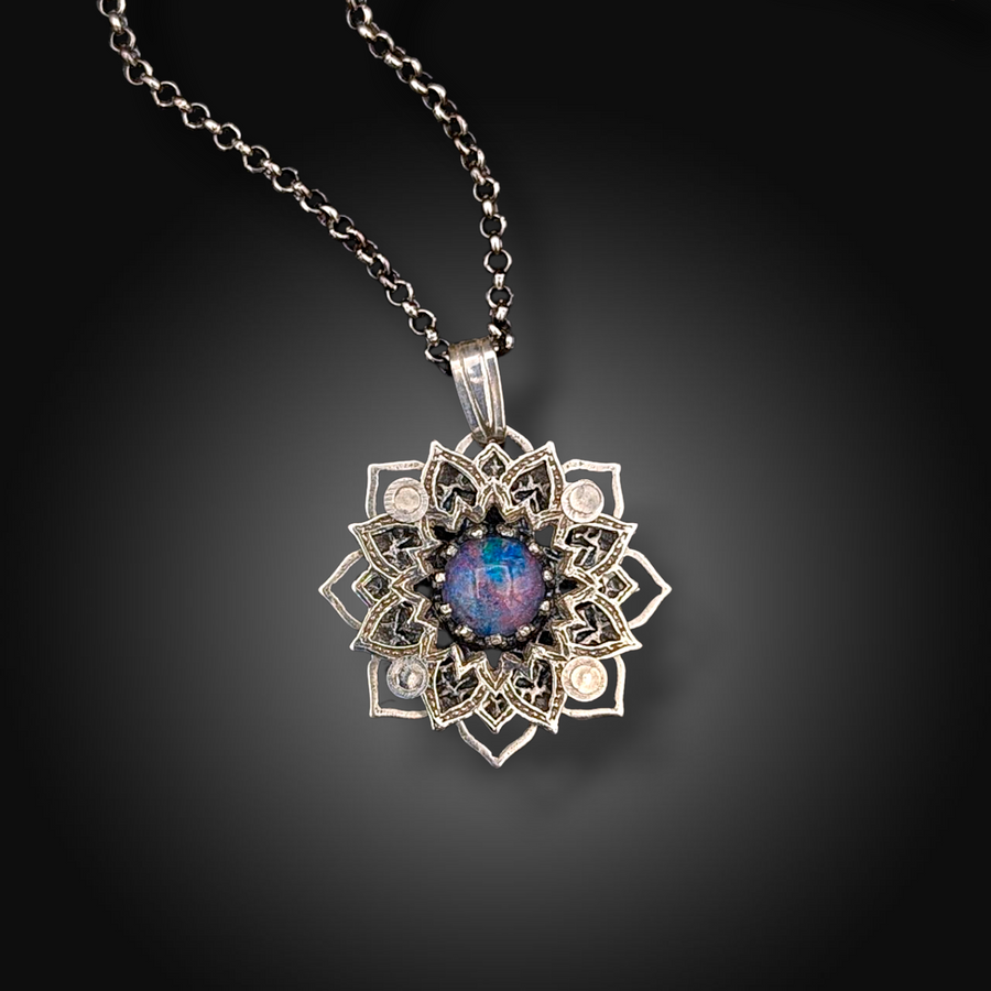 SACRED SPIRAL: Hand-Etched Sterling Silver Necklace with Australian Opal