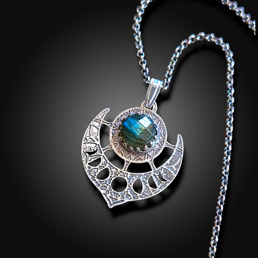 ** RESERVED FOR JANET** LUNAR MAGIC II: Hand-Etched Sterling Silver Necklace with Labradorite