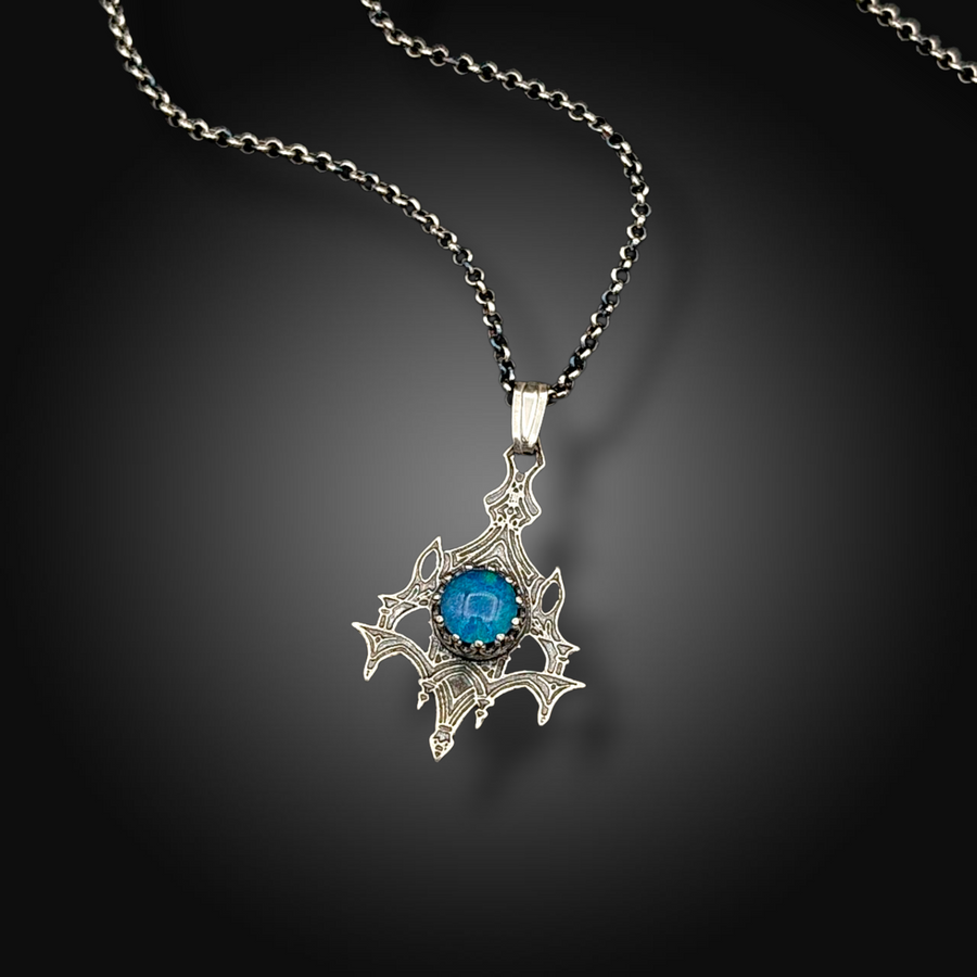VAULT OF LIGHT: Hand-Etched Sterling Silver Necklace with Australian Opal