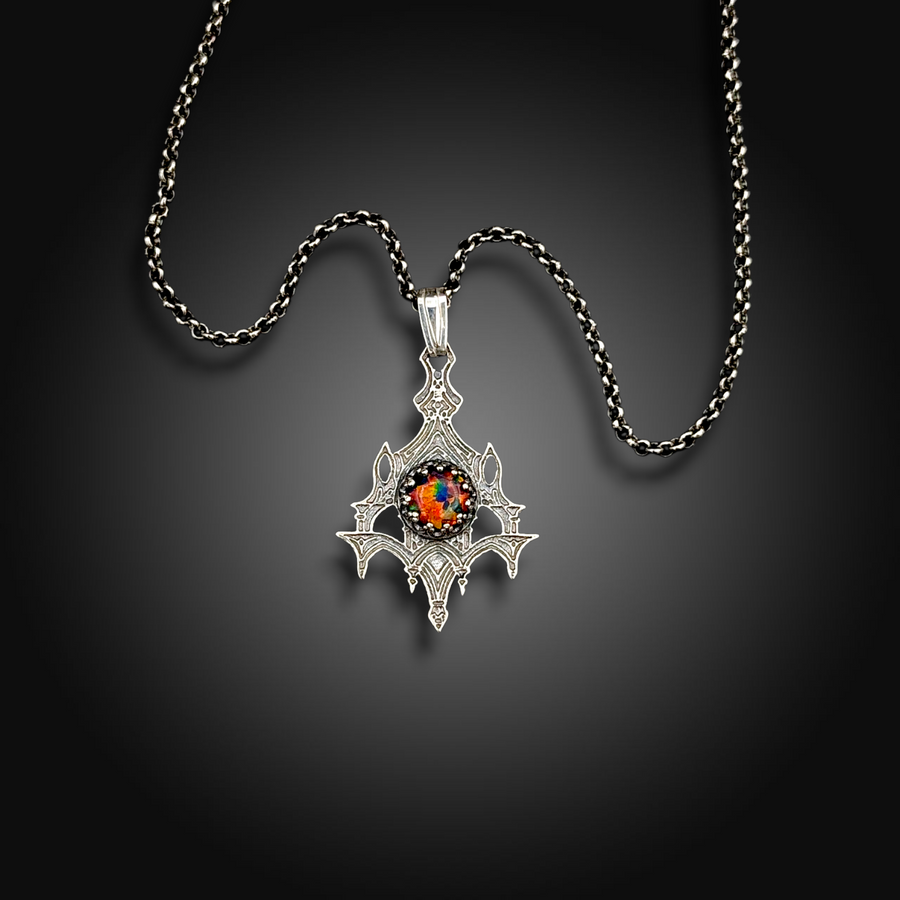 TORCHBORNE: Hand-Etched Sterling Silver Necklace with Mexican Fire Opal