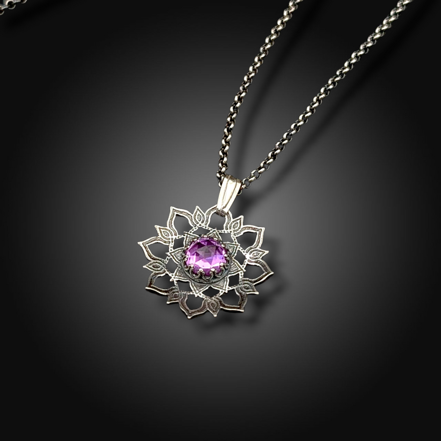 TWILIGHT ROSE: Hand-Etched Sterling Silver Necklace with Pink Sapphire