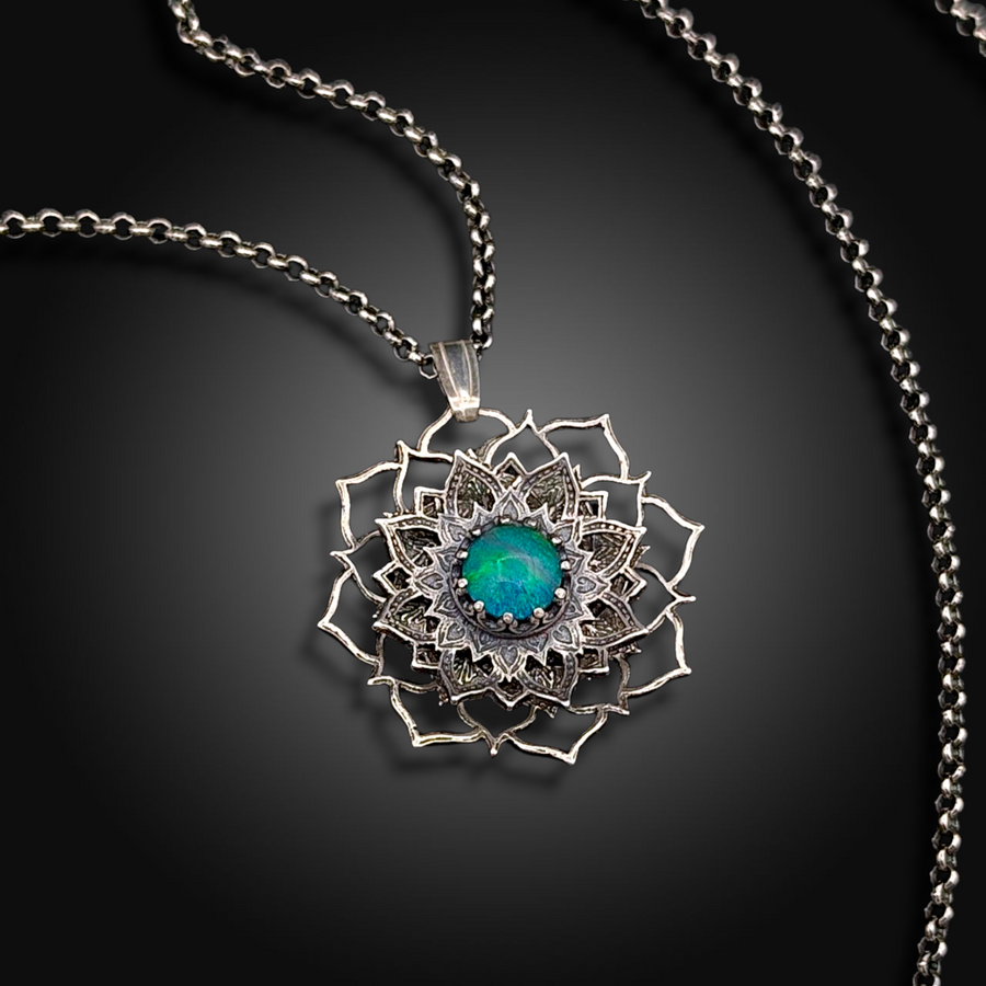 TURNING TIDES: Hand-Etched Spinning Mandala Necklace with Australian Opal