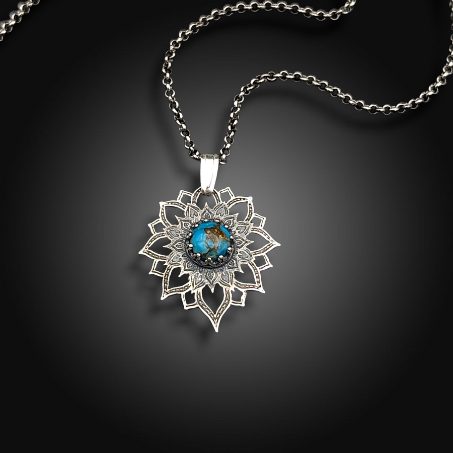 SAGE SKY: Hand-Etched Sterling Silver Necklace with Mojave Turquoise