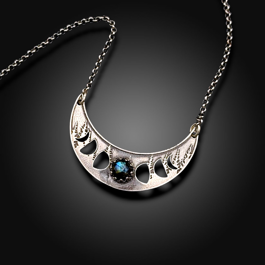 DARK MOON RISING: Hand-Etched Sterling Silver Crescent Necklace with Labradorite