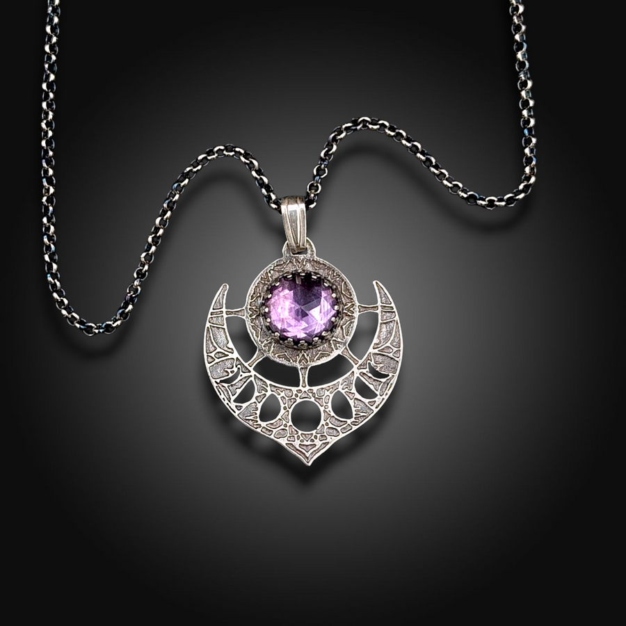 CRESCENT VEIL: Hand-Etched Sterling Silver Necklace with Amethyst