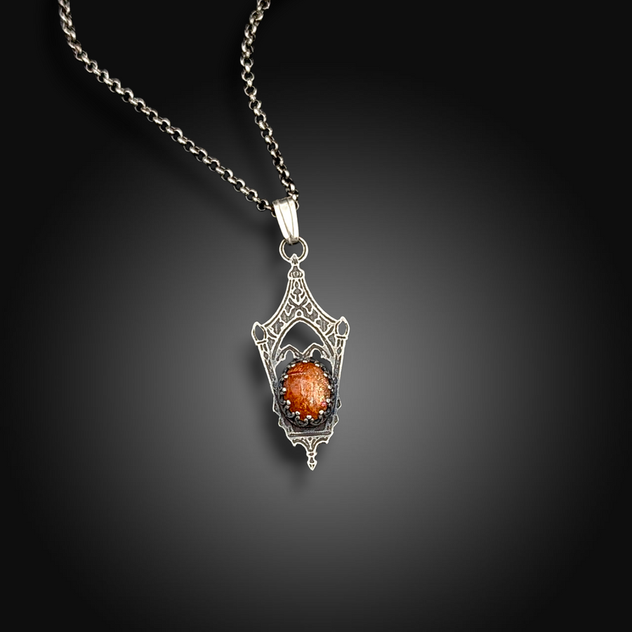 SANCTUM IGNIS: Hand-Etched Sterling Silver Necklace with Sunstone