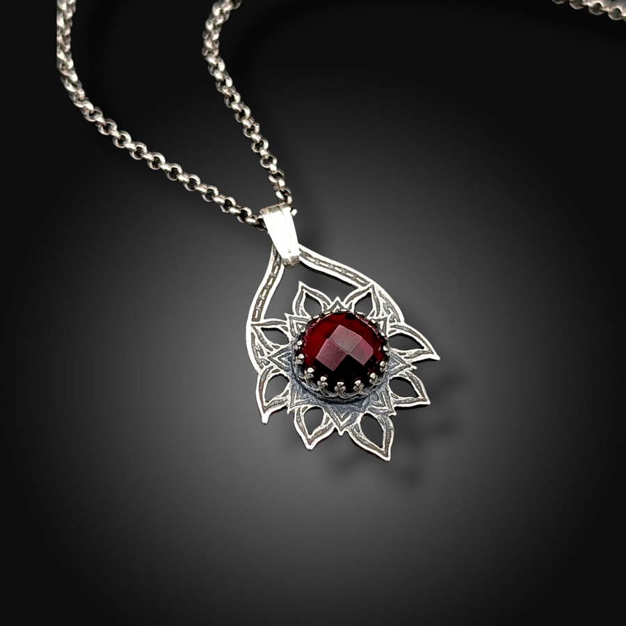 CRIMSON FLAME: Hand-Etched Sterling Silver Necklace with Garnet