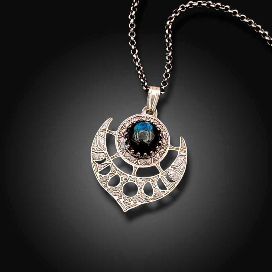LUNAR MAGIC: Hand-Etched Sterling Silver Necklace with Labradorite