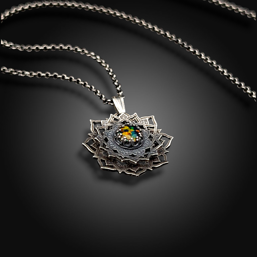FIRE WITHIN: Hand-Etched Spinning Necklace with Mexican Fire Opal