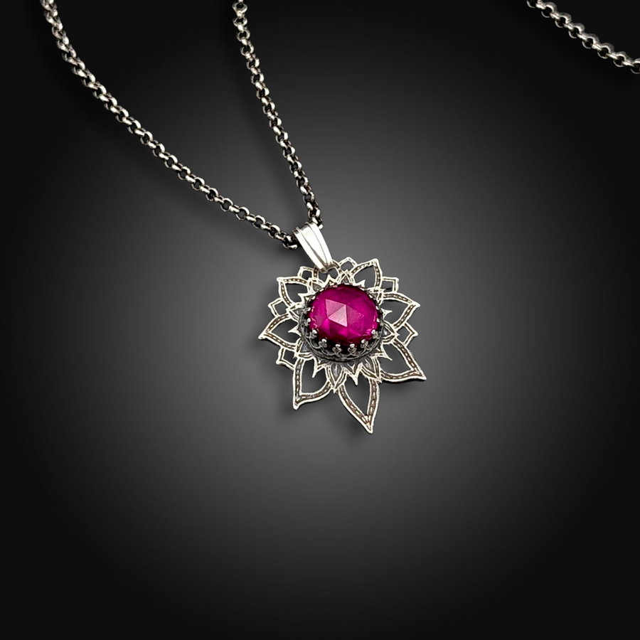 ELECTRIC ROSE: Hand-Etched Sterling Silver Necklace with Pink Sapphire