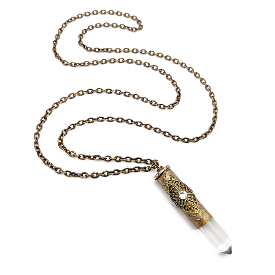 357 magnum etched bullet casing necklace with quartz