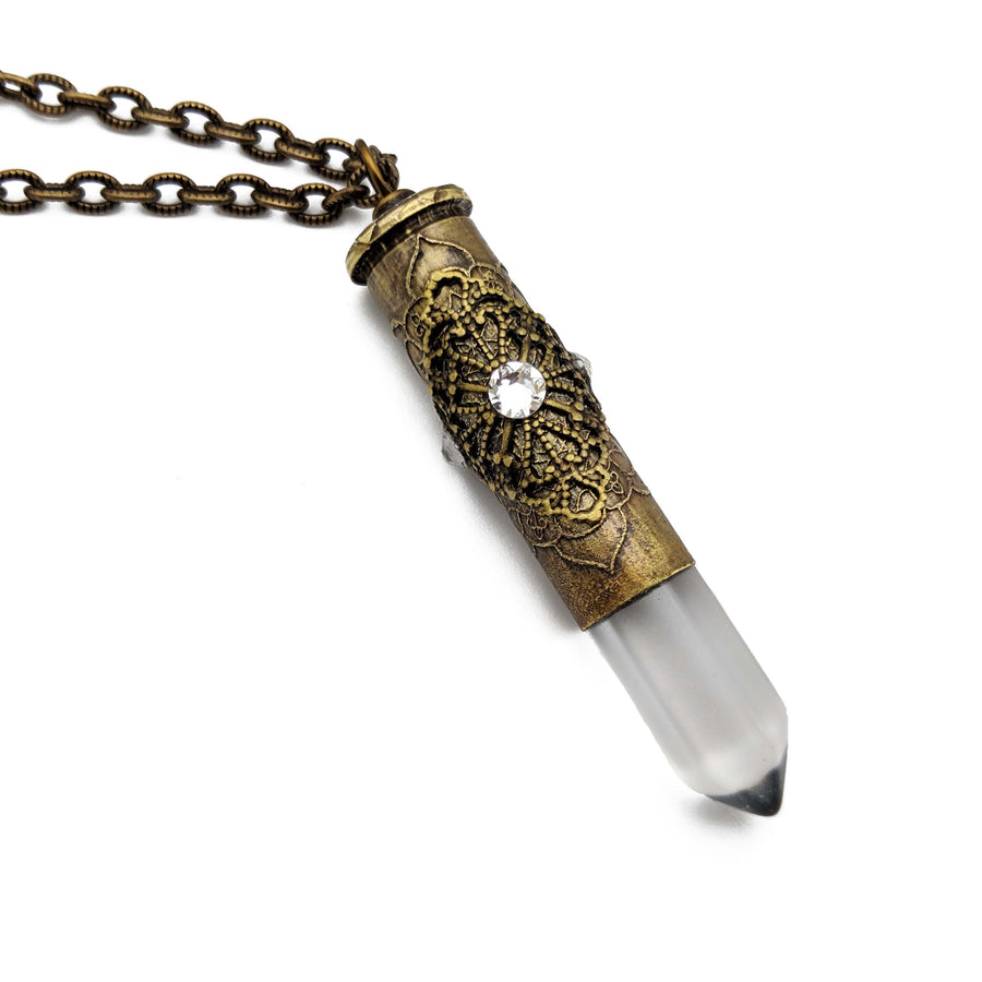 357 magnum etched bullet casing necklace with quartz