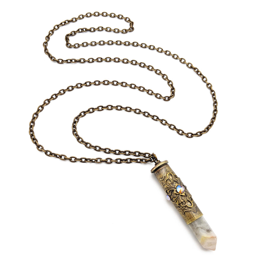 elegant etched bullet casing necklace with crazy lace agate