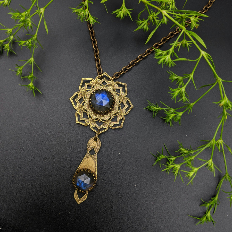 etched flower mandala necklace with labradorite