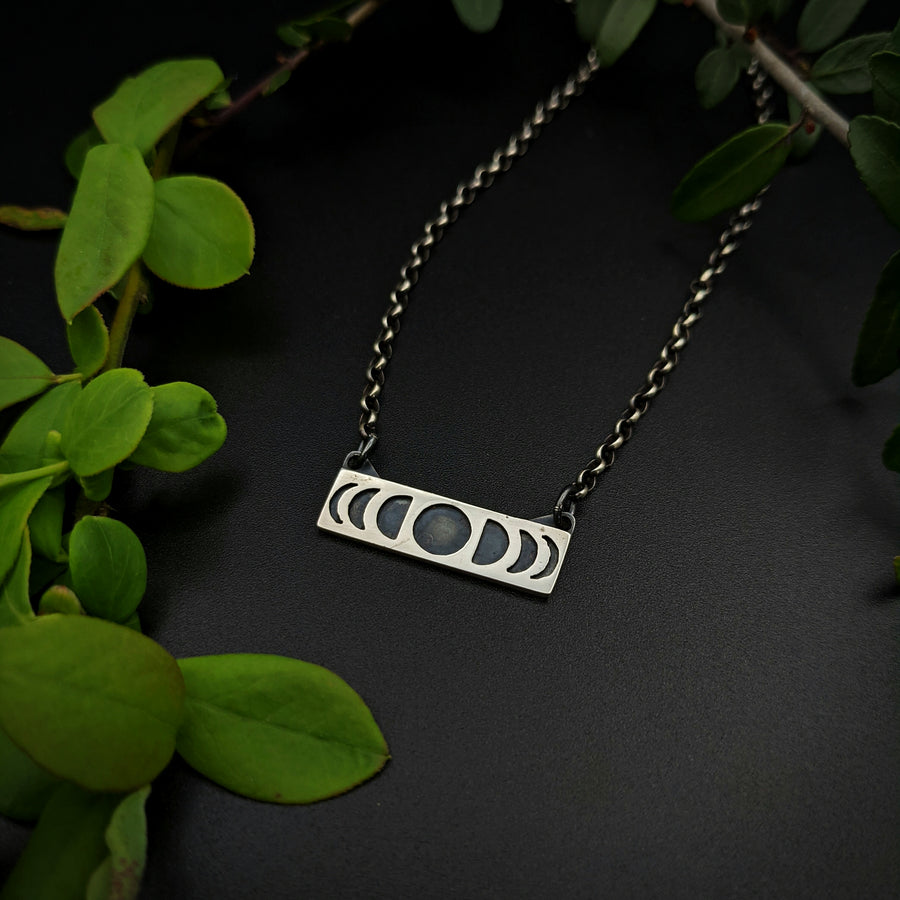 sterling silver moon phases bar necklace