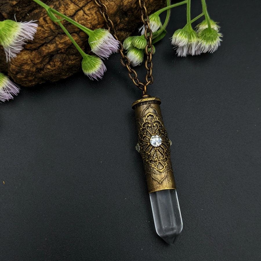 357 magnum etched bullet casing necklace with quartz