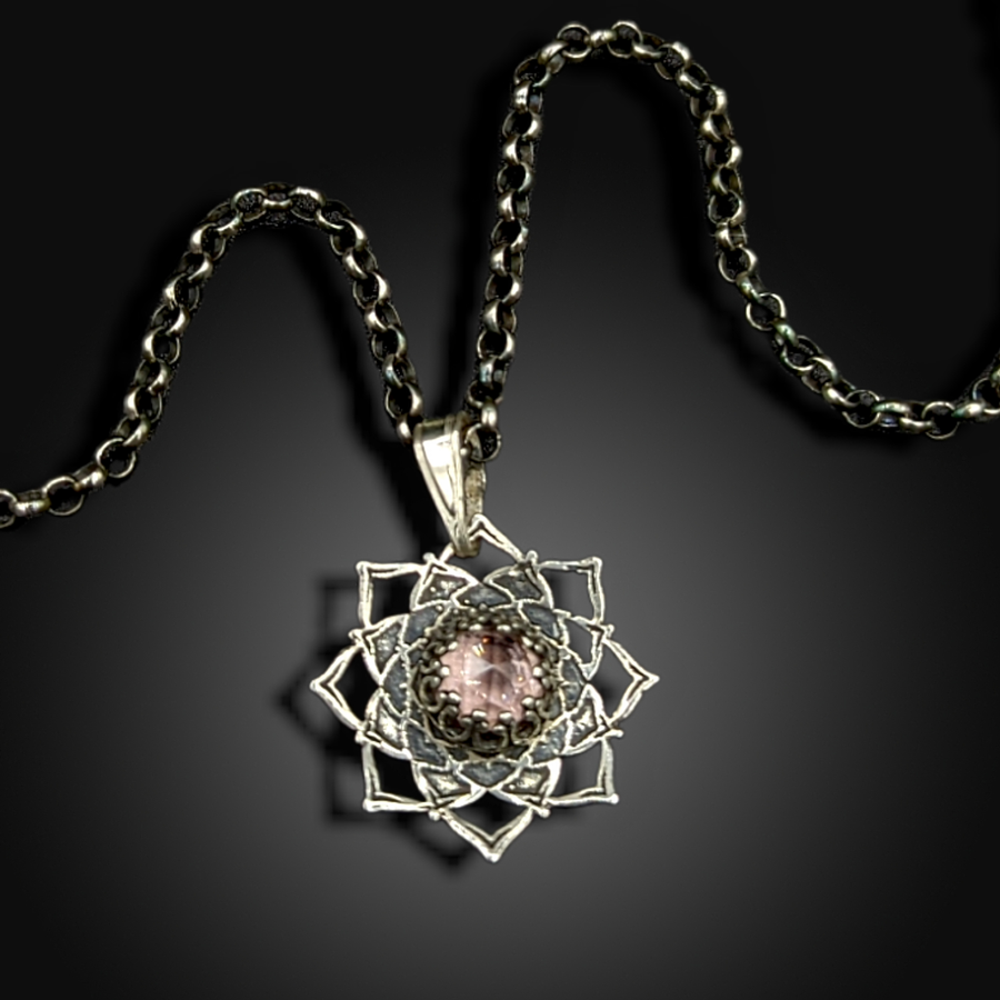 sterling silver mandala necklace with morganite