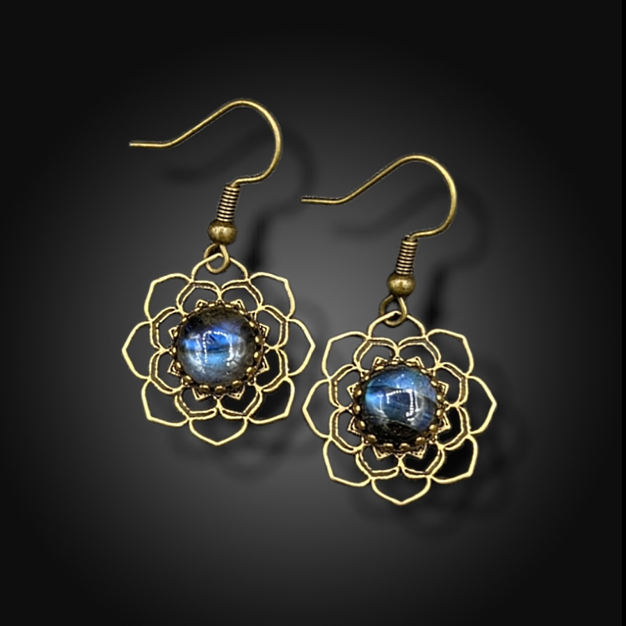 brass mandala earrings with labradorite