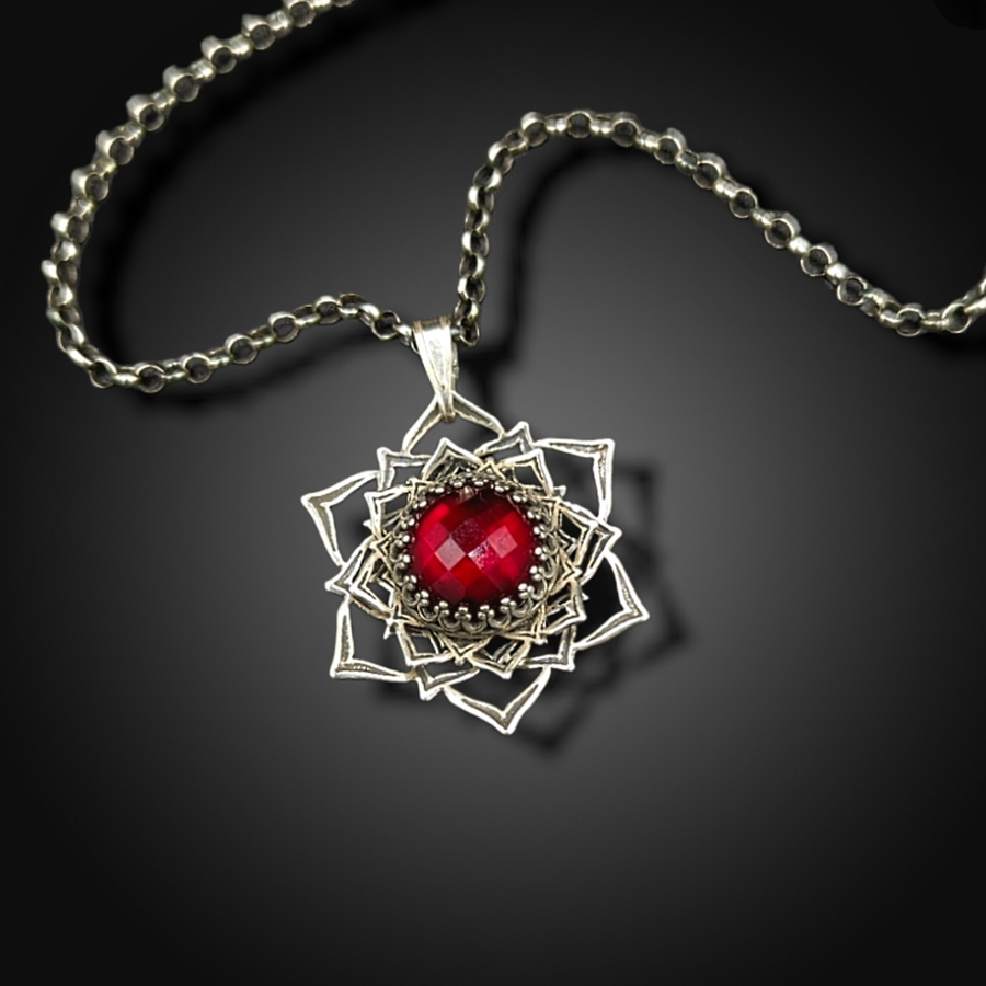 spinning sterling mandala necklace with garnet