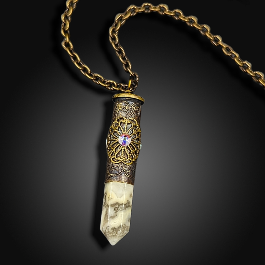 elegant etched bullet casing necklace with crazy lace agate