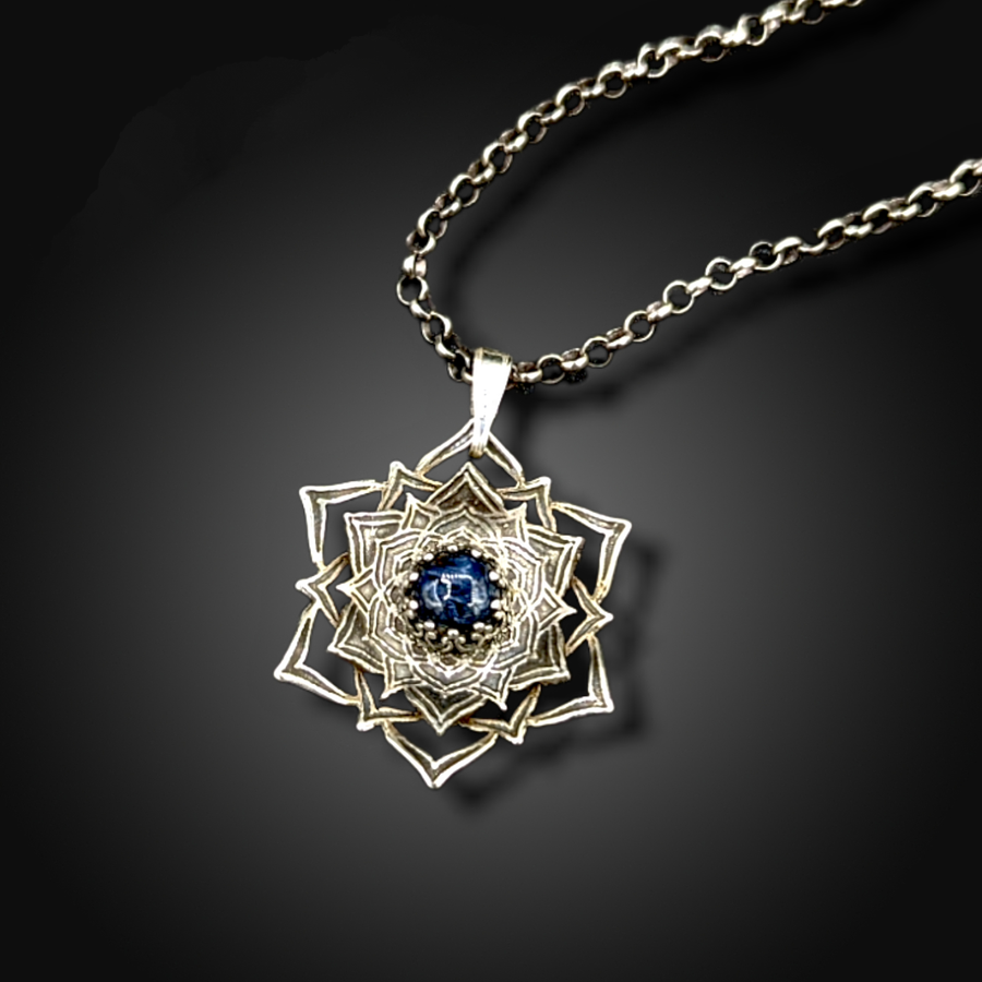 intricate sterling flower mandala necklace with pietersite