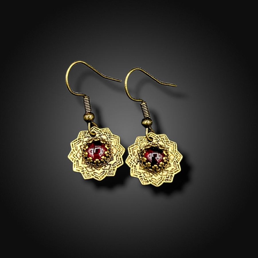 brass mandala earrings with garnet