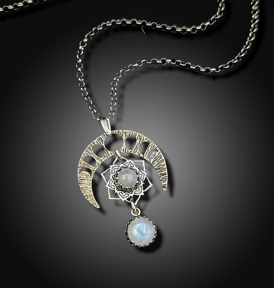 sterling lunar phases mandala necklace with moonstone