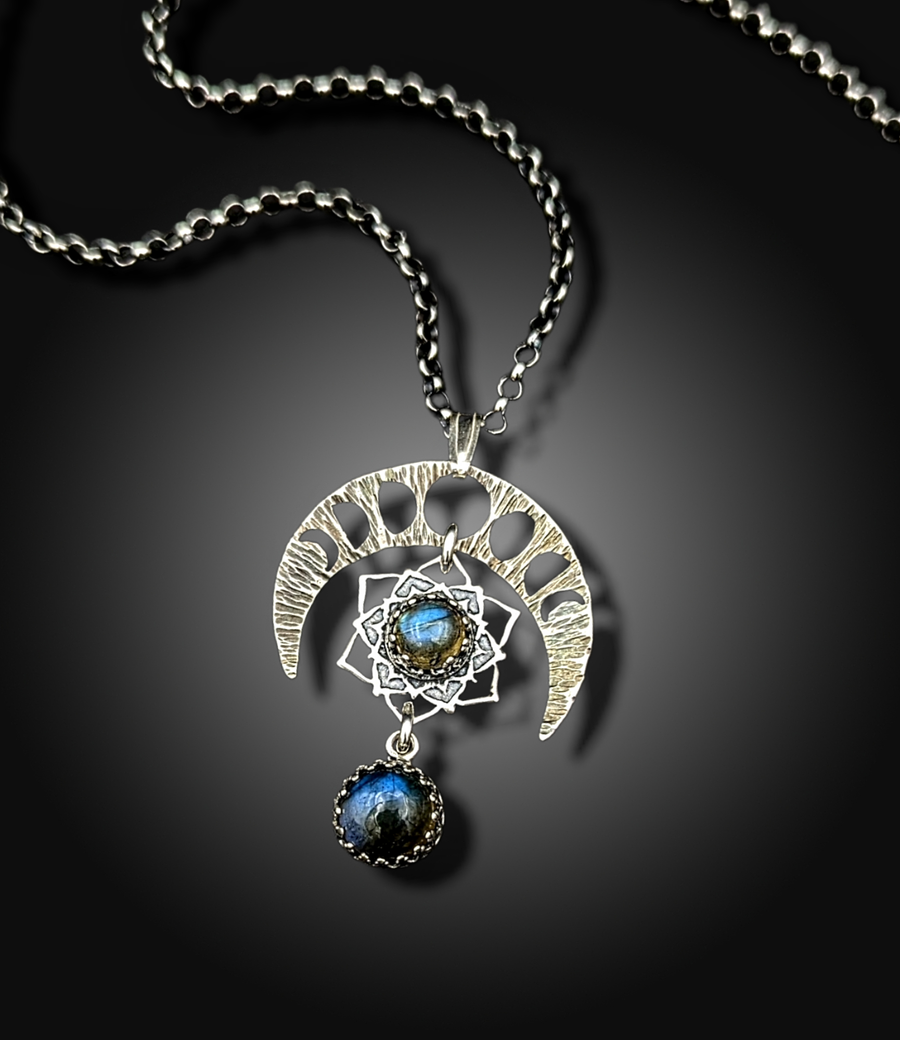 sterling lunar phases mandala necklace with Labradorite