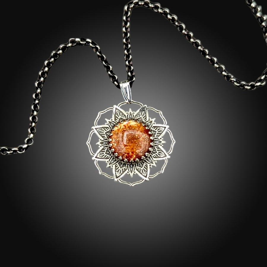 sterling silver flower mandala necklace with sunstone